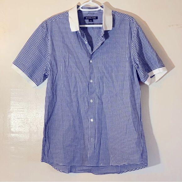 Michael Kors Slim Fit Blouse Blue White Check Collared & Fitted Sz Large - Picture 1 of 6